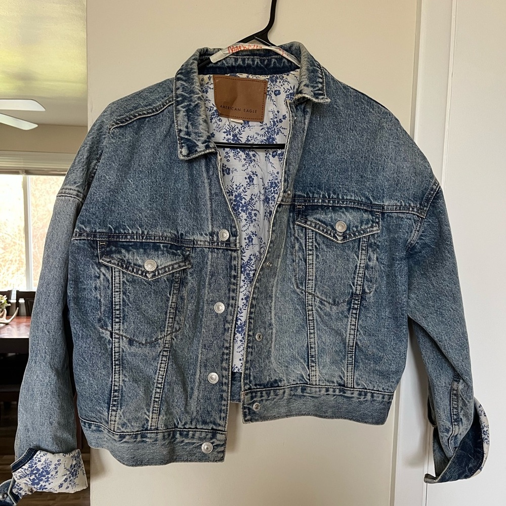American Eagle Blue Floral Denim Jacket